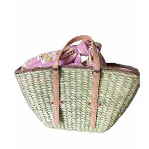 Maggi B Shopper Tote‎ Bag Green Bag Seagrass Pink Floral Lining Leather Strap